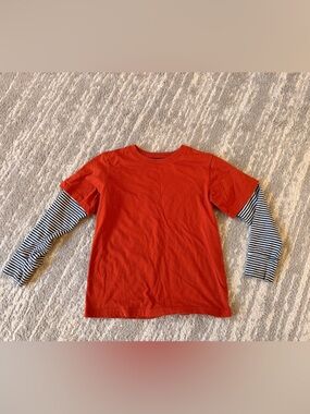 Boys Orange Layered-Look Tee with Black & White Striped Sleeves 5/6